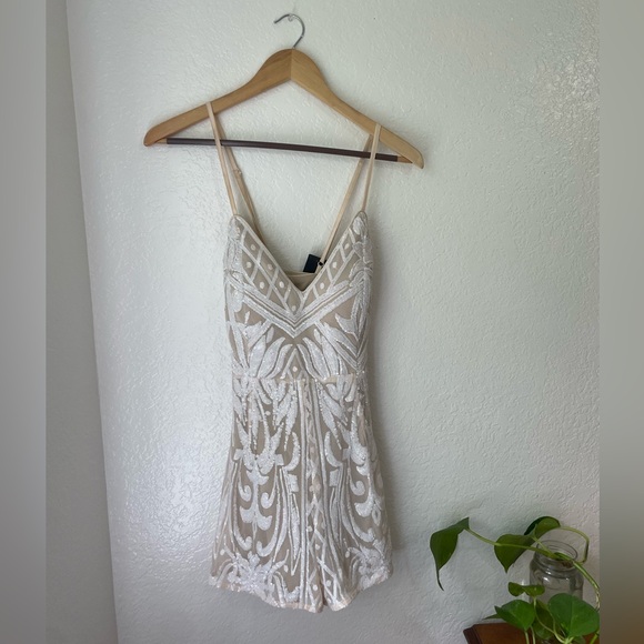NWT Lulus Catch a Spark White & Cream Bridal Sequin Romper - Picture 1 of 12